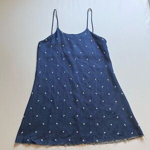 SHRED THREADS blue denim raw fray hem embroidered floral mini dress